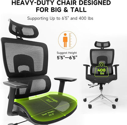 NearHub EC20 Ergonomic Office Chair for Big and Tall 6'5" Tall Max, 400Lbs Computer Desk Heavy-Duty Office Gaming Chair with Adjustable Features, High-Back Design, and Premium Comfort for Office,Home