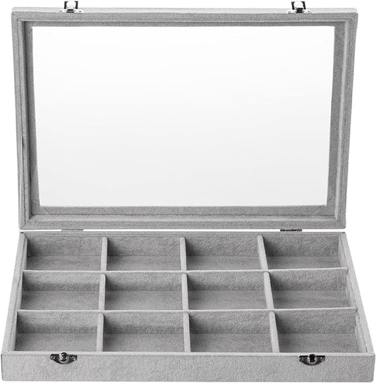 Frebeauty Velvet Jewelry Tray,12 Grid Jewelry Organizer with Clear Lid,Bracelets Holder,Jewelry Display Case with Clasp,Drawer Insert Bangle Brooch,13.8 x 9.5 x 2 Inches,Gift for Women Girls(Grey)