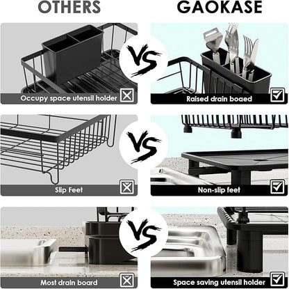 GAOKASE Dish Drying Rack, Stainless Steel-Dish Rack, Dish Racks for Kitchen Counter, Kitchen Dish Drainers with Removable Utensil Holder,New Drain Outlet,Plate Rack and Drainboard,Black