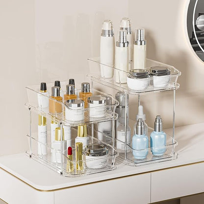 Delamu 2-Tier Under Sink Organizers and Storage, Multi-Purpose Stackable Bathroom Cabinet organizers, Pull Out Kitchen Pantry Organization and Storage with Dividers(2 Pack, Clear)