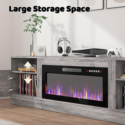 LEMBERI 80 Inch Fireplace TV Stand for TVs up to 90", 36" Electric Fireplace Entertainment Center with 20-Color LED, 300lbs Max Capacity Modern Wood Media Console Cabinet, Gray