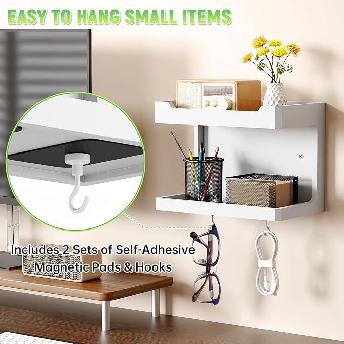 NiHome Large Wall Mounted Wooden Bedside Organizer, Double Storage Shelves & Magnetic Hooks, Solid Wood Bedside Shelf for Phone Glasses Remote Keys, Space-Saving Wall Rack for Bedroom RV Dorm (White)