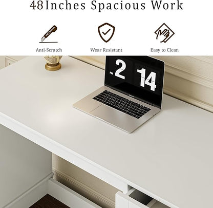 48”White Computer Desk with 3 Drawers, Modern Office Desk with Storage, Small Writing Desk for Bedroom, Living Room, Office
