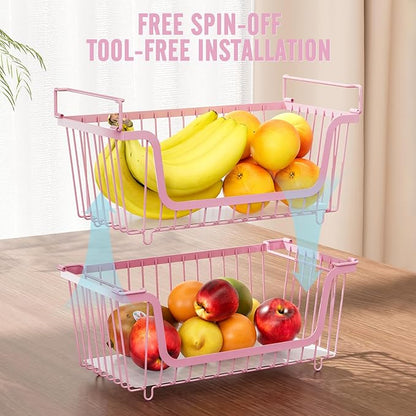 GAOKASE 4 Pcs Stackable Wire Baskets for Pantry Organizers and Storage,Vegetable Fruit Basket for Countertop,Kitchen Storage Metal Baskets,Produce Potato Onion Storage Bin,pink