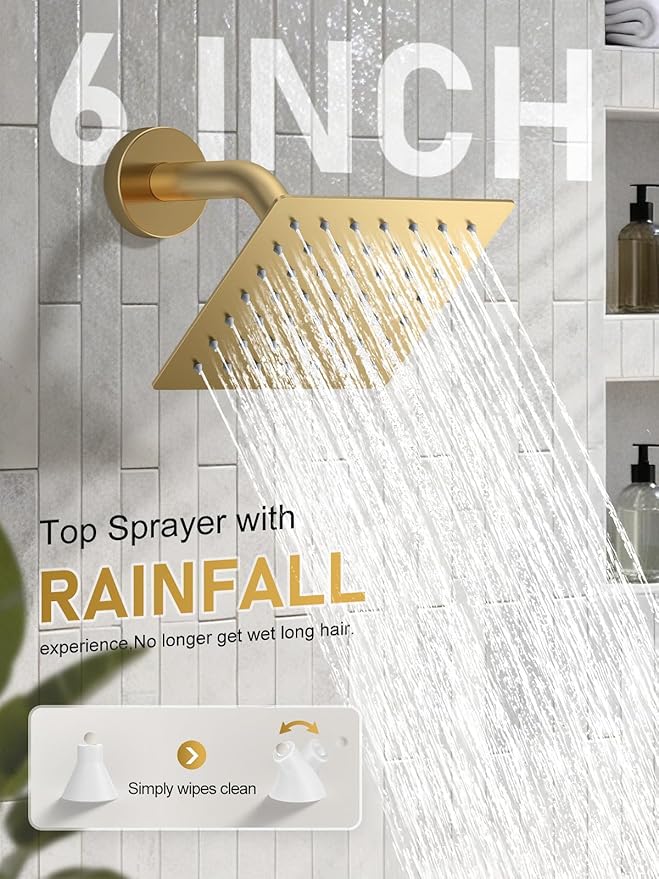 Shower Faucet Set, 10" Ceiling Mount Rainfall Shower System with 2 Rain Shower Head and Multi-function Handheld Head Push Button Diverter Shower Faucet Trim Kit Brushed Gold