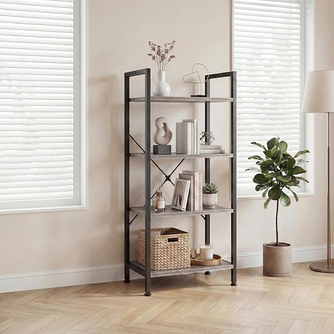 DUMOS 4 Tiers Open Bookshelf, Classic Freestanding Tall Display Shelf, Multifunctional Storage Organizer Rack for Living Room Home Office, Sturdy Bookcase for Books/Movies, Wood Grey