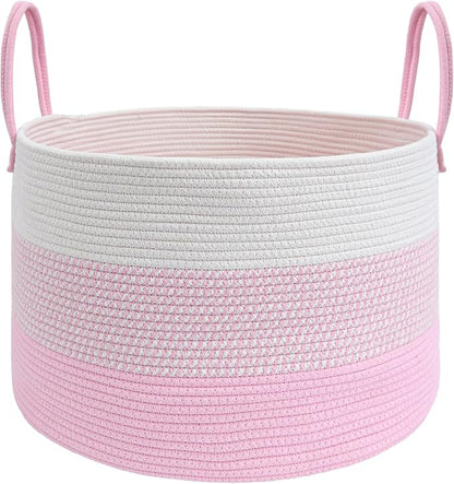 JMvicyroam 65L Extra Large Blanket Basket for Living Room - Woven Cotton Rope Laundry Hamper with Reinforced Handles - Storage Bin for Pillows, Comforters & Toys - Machine Washable,White&Pink Mix