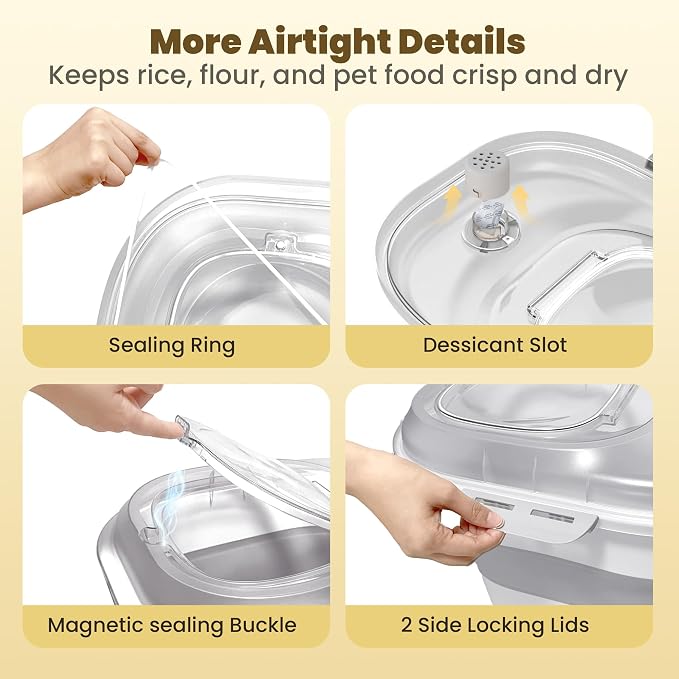 20-50Lbs Rice Container,Collapsible Food Storage Containers with Clear Airtight Lid,Wheels,Date Track,Rice Storage Container with 2PCS Containers and Scoop for Flour Sugar Cereal Grain Dog Cat