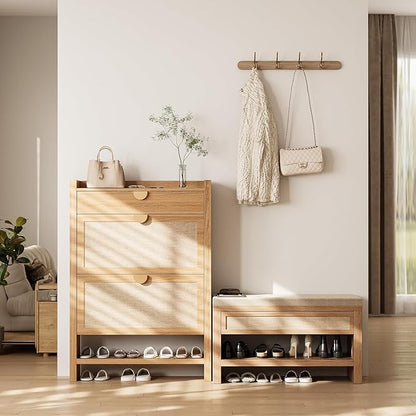 32" Farmhouse Shoe Storage Cabinet with Drawer, Upholstered Entryway Seat with Linen Cushion, Sturdy Wood Shoe Rack Bench for Hallway Living Room Bedroom, Oak Finish