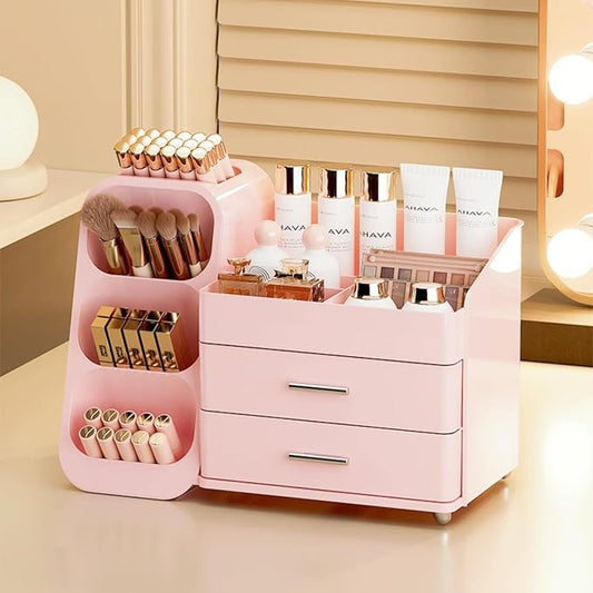 Makeup Organizer with Drawers,Large Capacity Countertop Organizer for Vanity,Bathroom and Bedroom Desk Cosmetics Organizers,Easy To Storage Skincare,Brushes,Lotions (All Pink)