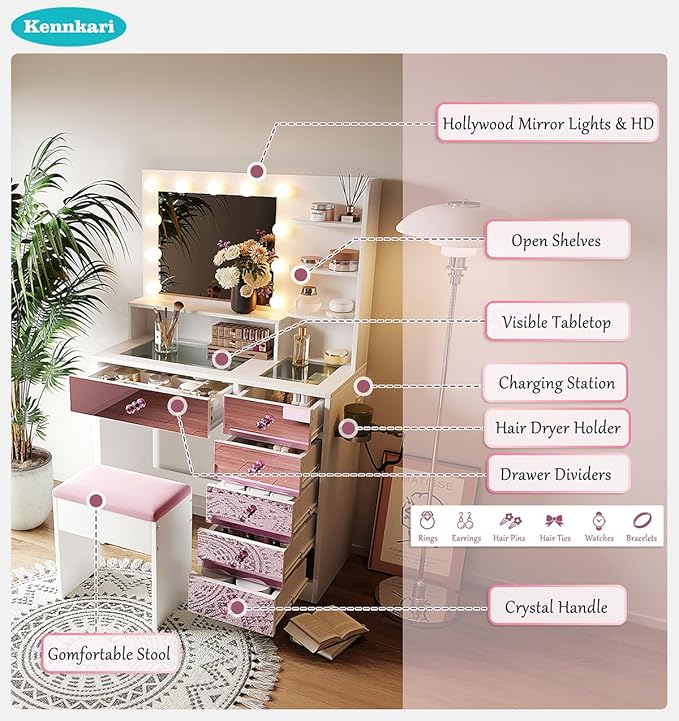 Vanity Desk with Hollywood Mirror and 9 Lights, Makeup Vanity with Drawers and Shelves, Vanity Table with Glass Top and Stool for Bedroom (Pink)