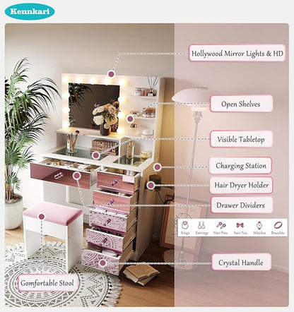 Vanity Desk with Hollywood Mirror and 9 Lights, Makeup Vanity with Drawers and Shelves, Vanity Table with Glass Top and Stool for Bedroom (Pink)
