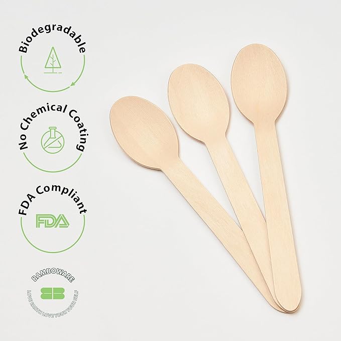 Bamboware - Wooden Spoons 300 Pieces | Natural Birch Wood Disposable Spoons | Biodegradable, Smooth & Durable for Parties, Coffee Shops, and Everyday Meals