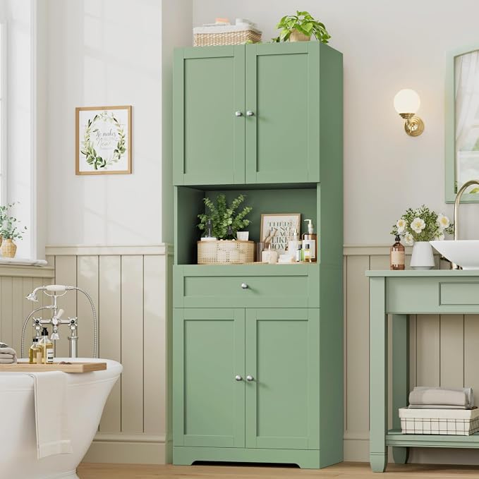 Tall Bathroom Storage Cabinets with Drawer, Modern Linen Cabinet with Doors & Shelves, 67"H Tall Storage Cabinet Freestanding for Bathroom, Dining Room, Kitchen & Pantry, Laundry, Narrow Corner, Green