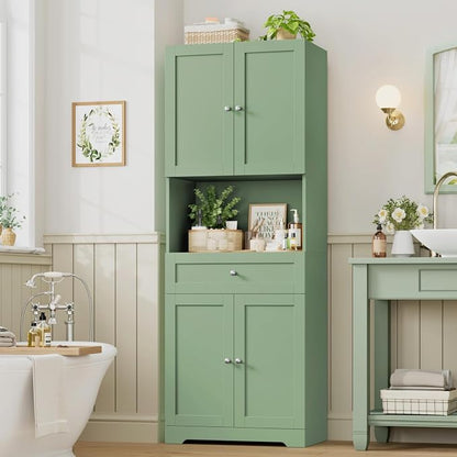 Tall Bathroom Storage Cabinets with Drawer, Modern Linen Cabinet with Doors & Shelves, 67"H Tall Storage Cabinet Freestanding for Bathroom, Dining Room, Kitchen & Pantry, Laundry, Narrow Corner, Green