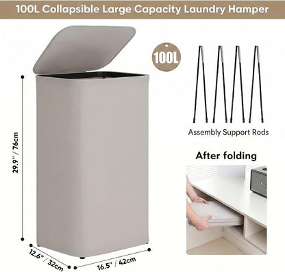 DOKEHOM 100L Laundry Hamper with Lid, Large Collapsible Laundry Basket with Removable Mesh Liner Bag, Collapsible Clothes Sorter for Bedroom, Bathroom, College Dorm, Light Grey