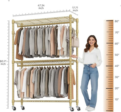 BATHWA Heavy Duty Garment Rack on Wheels, Rolling Clothes Racks for hanging clothes, Modern Closet Wardrobe Clothing Rack with 8 Side Hangers, Gold