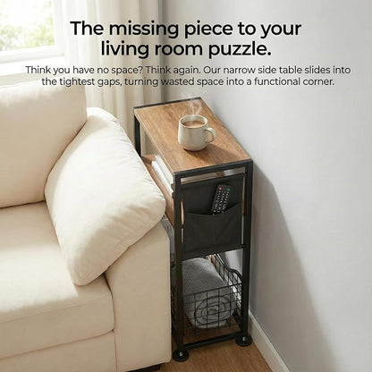 Skinny Side Table with Storage, 3 Tier Slim Side Tables for Small Spaces, Skinny End Table Narrow Bedside Table Narrow Side Table for Living Room, Bedroom
