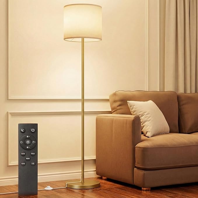 Keepsmile Dimmable Floor Lamps for LivingRoom with 12W LED Bulb, Foot Switch, Remote Custom Color Temperature Floor Light, Linen Shade Standing Lamps, Modern Tall Lamp for Office Bedroom Kid Room-Gold