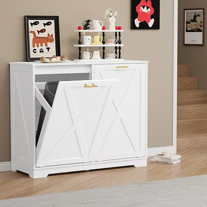 Double Tilt Out Trash Can Cabinet, Wooden Farmhouse Kitchen Garbage Bin Enclosure with Negative Ion Odor Control, Hidden Dog Proof Trash or Laundry Basket Storage for Laundry Room, White