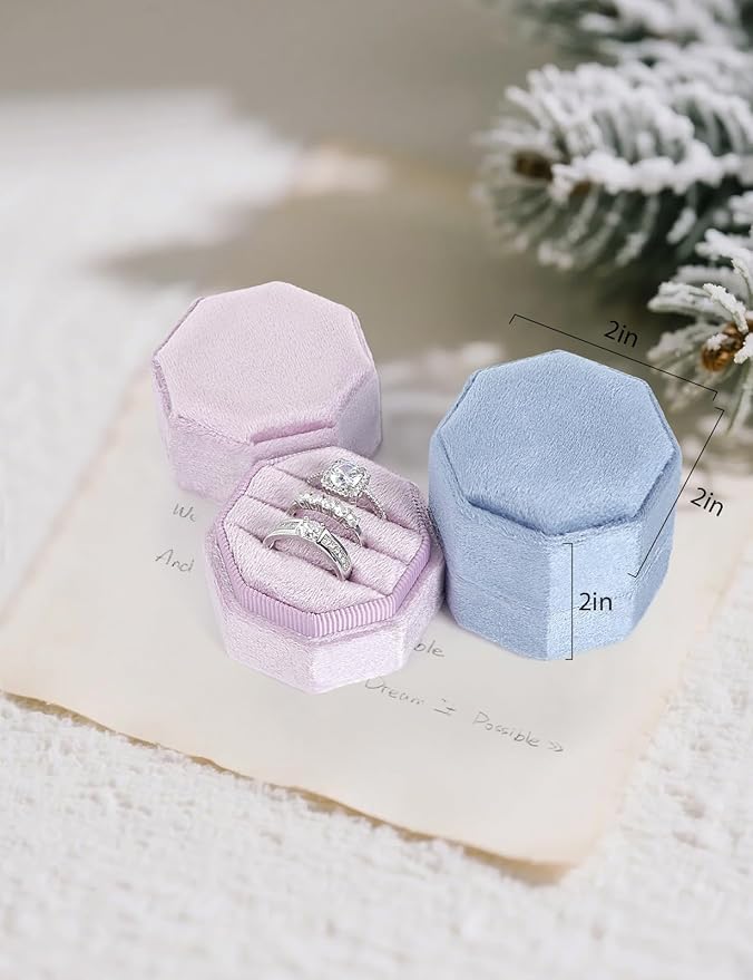 Velvet Ring Box, 3 Slots Wedding Ring Box, Vintage Octagon Premium Jewelry Display Holder Gift Box with Detachable Lid for Engagement Wedding Box Keepsake Box Bridal Photo