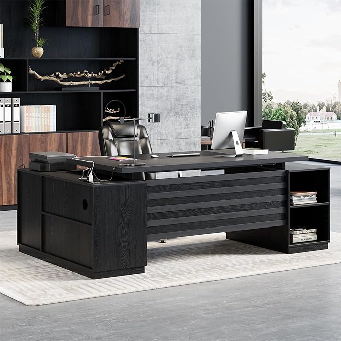 L Shaped Desk with Drawers for Home, 78-Inch Executive Office Desk with Power Outlet, Large Home Office Desks with Open Shelf and Storage Cabinet for Home, Grey Black