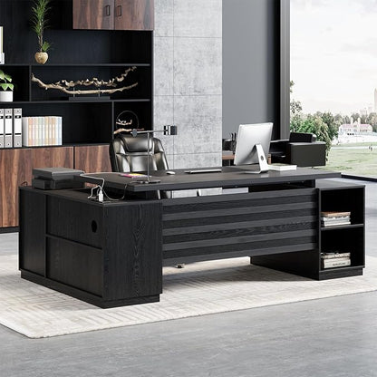 L Shaped Desk with Drawers for Home, 78-Inch Executive Office Desk with Power Outlet, Large Home Office Desks with Open Shelf and Storage Cabinet for Home, Grey Black