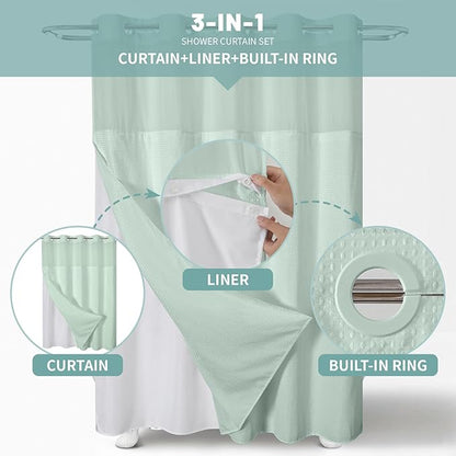 MintGreen No Hook Waffle Weave Shower Curtain with snap-in Liner Replacement, 230GSM Waterproof Fabric Hotel Shower Curtain Set for Bathroom, Through Mesh Top Window,71Wx74H