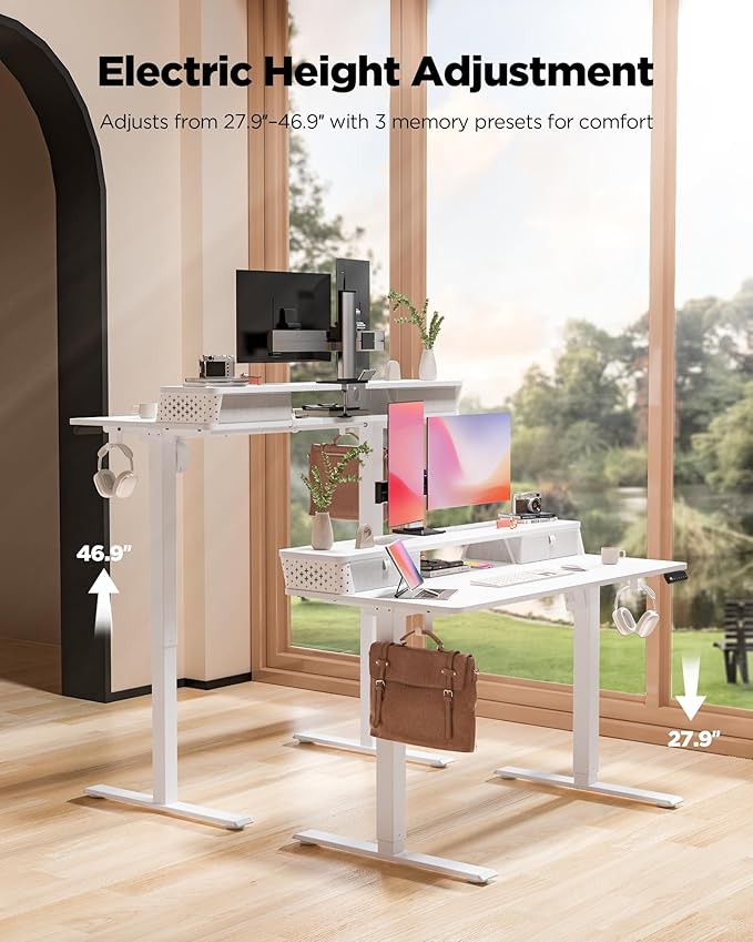 FiCiHi Standing Desk with Drawers, C-Clamp Mount Compatible, 55x24 Inch Electric Adjustable Height Computer Stand Up Desks, Home Office Sit Stand Table with 3 Preset Heights & 2 Hooks, White