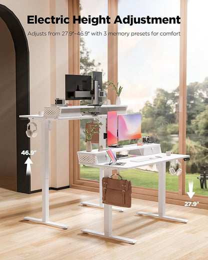 FiCiHi Standing Desk with Drawers, C-Clamp Mount Compatible, 55x24 Inch Electric Adjustable Height Computer Stand Up Desks, Home Office Sit Stand Table with 3 Preset Heights & 2 Hooks, White