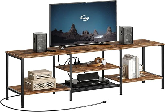 HOOBRO TV Stand with Power Outlets to 75 Inches, TV Console Table with Open Storage Shelves Cabinet, Industrial Media Entertainment Center for Living Room Bedroom, Rustic Brown and Black BF80DS01