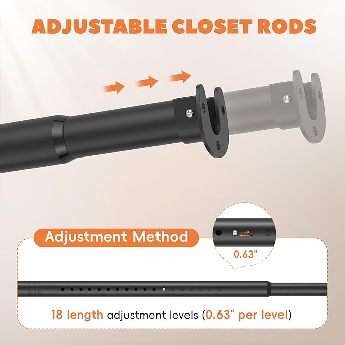 Long Closet Rod 17-87 Inches, Adjustable Heavy Duty Black Metal Closet Rods for Hanging Clothes, 1.3 Inch Diameter with Wall Brackets for Wardrobes, Laundry Room