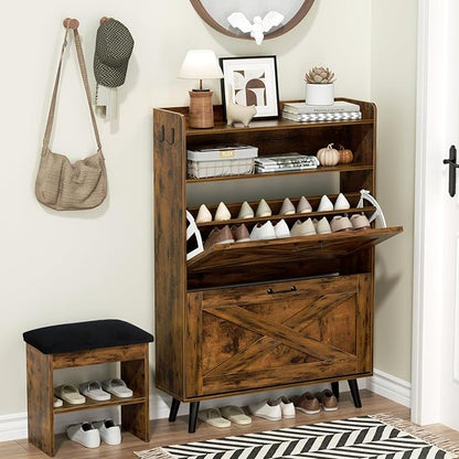 EOYUTLLY Shoe Cabinet with Bench, Entryway Shoe Organizer with 2 Flip Drawers & Open Shelf, Narrow Shoe Storage Cabinet for Entryway, Freestanding Shoe Rack with Legs, Brown