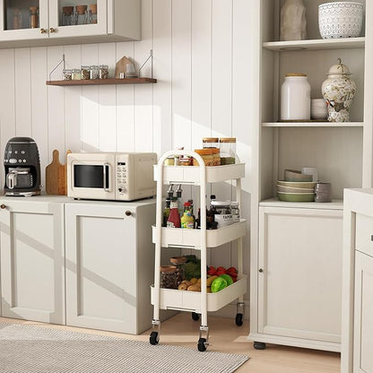 Sekey 3 Tier Metal Rolling Cart, No Screws Assemble Kitchen Cart, White Utility Cart on Wheels, Mini Rolling Carts for Small Spaces, Bathroom Storage, Bedside, Office, Food, Snack, Craft