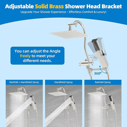 Hibbent All Metal cUPC Certified Shower Head, 10'' High Pressure Rainfall Showerhead Combo, Handheld Shower Wand, 12'' Adjustable Extension Arm, 4-Spray, 71'' Hose, Shower Holder, Brushed Nickel