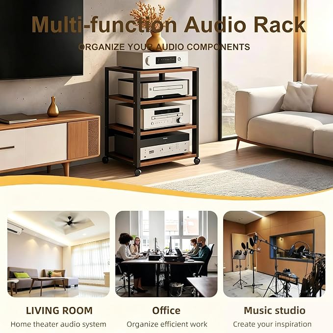 5 Tier AV Media Stand, Audio Rack Tower Stereo Components Cabinet, Home Theatre CD Record Player Stereo Receiver Equipment Rack with Adjustable Wood Shelves, Load 220lbs (Walnut Brown)