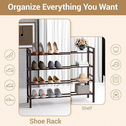 Haddockway Bamboo Shoe Rack for Closet, Free Standing Shoe Organizer with Smooth Round Rods & Convenient Handles, Stackable Shoe Storage Shelf for Entryway, Hallway(Brown, 4-Tier)