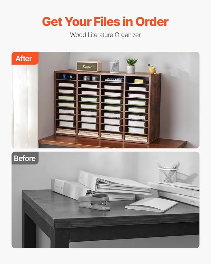 VEVOR Literature Organizer, 36 Compartments Office Mailbox with Removable Shelves, Wood Mailbox Sorter Particle Board Office Home Classroom Storage, File Sorter for File, Document, Paper, Dark Brown