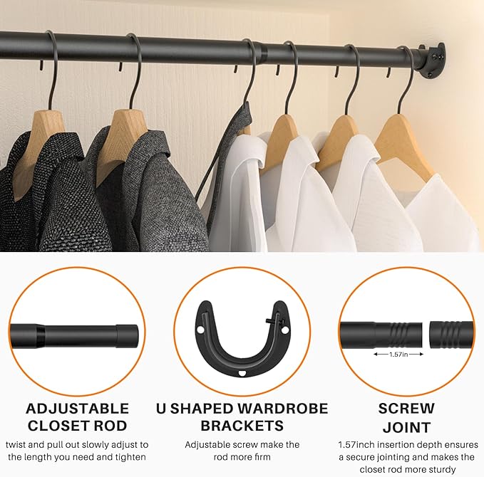 Closet Rod for Hanging Clothes, 17 to 52 Inch Adjustable Closet Hanging Rod, Heavy Duty Clothes Hanging Rod Bar Black Metal Closet Poles with Threads for Wardrobes, Closet, Bathroom, Windows