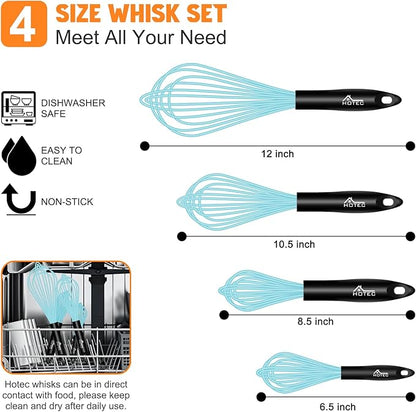 HOTEC 4 Pieces Silicone Whisks Set, Wire Balloon Whisks Egg Beater, Non-slip Handle Whisk for Non-stick Cookware Perfect for Cooking, Stirring, Beating and Blending (Blue)
