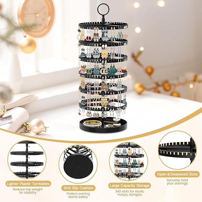 MODOWEY 6 Tier Rotating Earring Holder Organizer Display Tree with Metal Tray, Adjustable Plastic Stand with 342 Slots for Stud Hoop Hanger, Large Capacity Storage Rack for Women Space Saving, Black