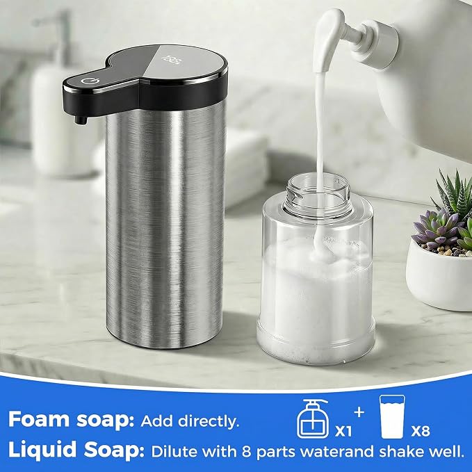 Automatic Foaming Soap Dispenser Touchless, Stainless Steel Hand Soap Dispenser, USB Rechargeable, 4 Adjustable Levels, 11.8oz/350ml for Kitchen and Bathroom (Stainless Steel Black, Foam)
