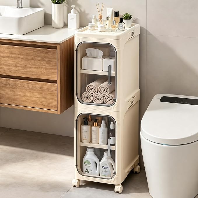 2-Tier Slim Narrow Bathroom Storage Cabinet, Cream White | Tool Free Assembly, Adjustable shelves, Fits for Narrow Spaces, Lockable Wheels, Magnetic Clear Door