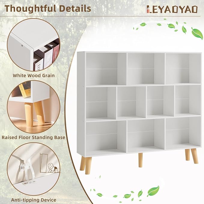LEYAOYAO 10 Cube Bookshelf,3 Tier Modern Wide Bookcase with Legs,Mid-Century Wood Bookshelves Storage，White Large Book Case,Freestanding Organizer Display Shelf for Bedroom,Living Room,Office