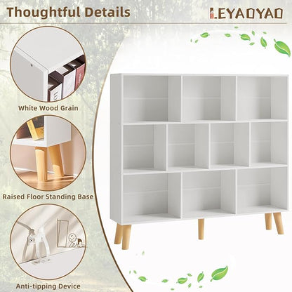 LEYAOYAO 10 Cube Bookshelf,3 Tier Modern Wide Bookcase with Legs,Mid-Century Wood Bookshelves Storage，White Large Book Case,Freestanding Organizer Display Shelf for Bedroom,Living Room,Office