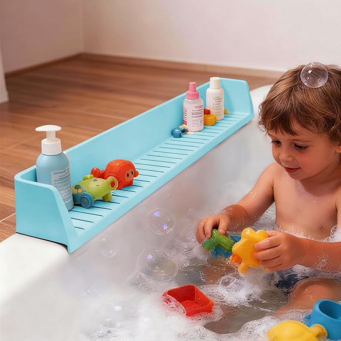 Bathtub Splash Guard for Tub Kids- 31" Extra Long Silicone Bath Play Shelf, Toy Tray & Caddy Holder, Prevent Water Spills & Messy Floors, Tub Edge Guard for Bathroom- Blue