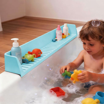 Bathtub Splash Guard for Tub Kids- 31" Extra Long Silicone Bath Play Shelf, Toy Tray & Caddy Holder, Prevent Water Spills & Messy Floors, Tub Edge Guard for Bathroom- Blue