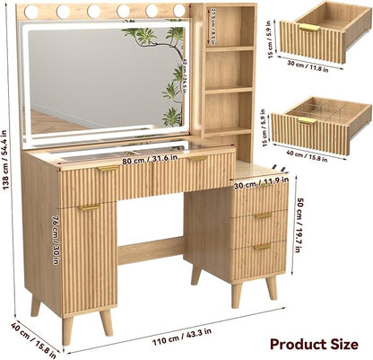 43" Fluted Makeup Vanity Desk with 32" Mirror and Lights, Modern Glass Top Large Vanity Table with 5 Drawers and 2 Storage Cabinets, Dressing Table Set with Charging Station for Bedroom-Gold