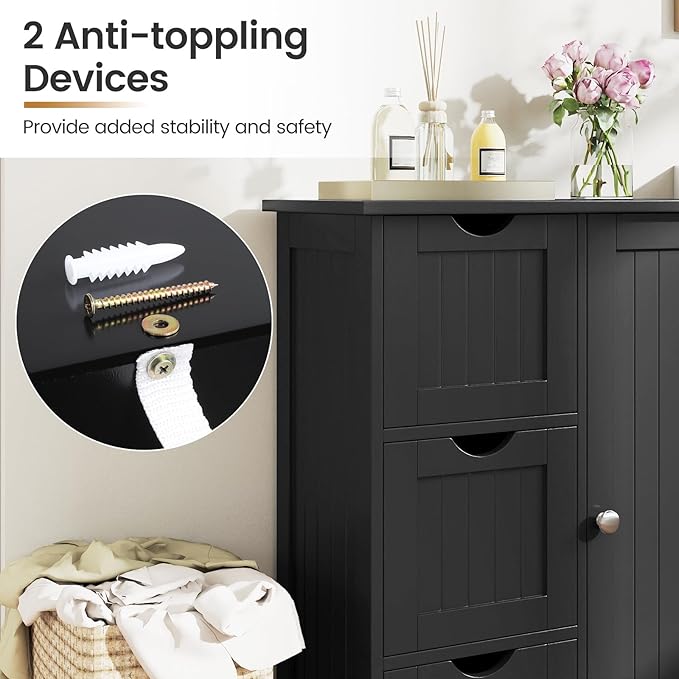 Tangkula Bathroom Floor Cabinet, Freestanding Storage Cabinet with 3 Drawers & Single Door, Adjustable Shelf, Multipurpose Bathroom Storage for Home Office, 23.5 x 12 x 32 Inches (3 Drawers, Black)