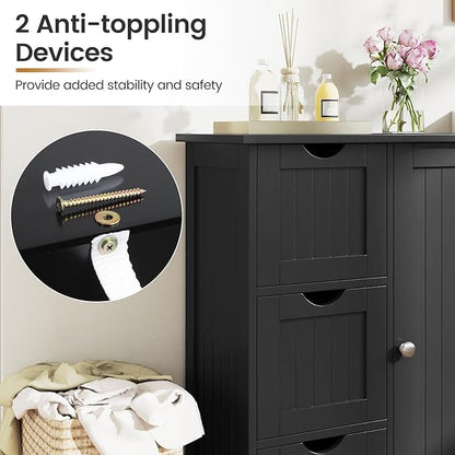 Tangkula Bathroom Floor Cabinet, Freestanding Storage Cabinet with 3 Drawers & Single Door, Adjustable Shelf, Multipurpose Bathroom Storage for Home Office, 23.5 x 12 x 32 Inches (3 Drawers, Black)
